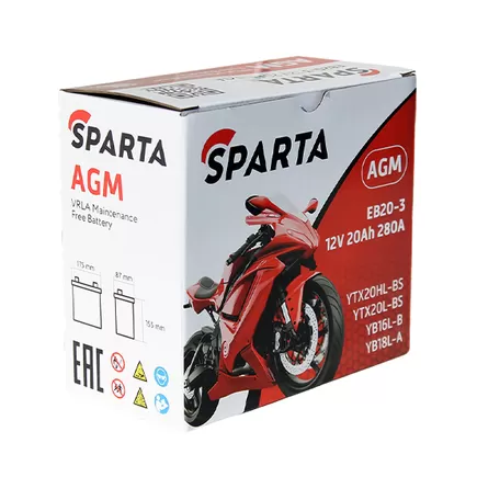 Sparta AGM EB20H-3 20 A/h 280 A R+ YTX20HL-BS, YTX20L-BS, YB16L-B, YB18L-A 177x88x156 мм